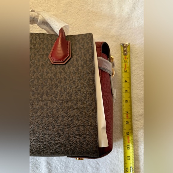 Michael Kors Brown MK signature  and Red Leather Mercer Satchel/Crossbody - Picture 7 of 10